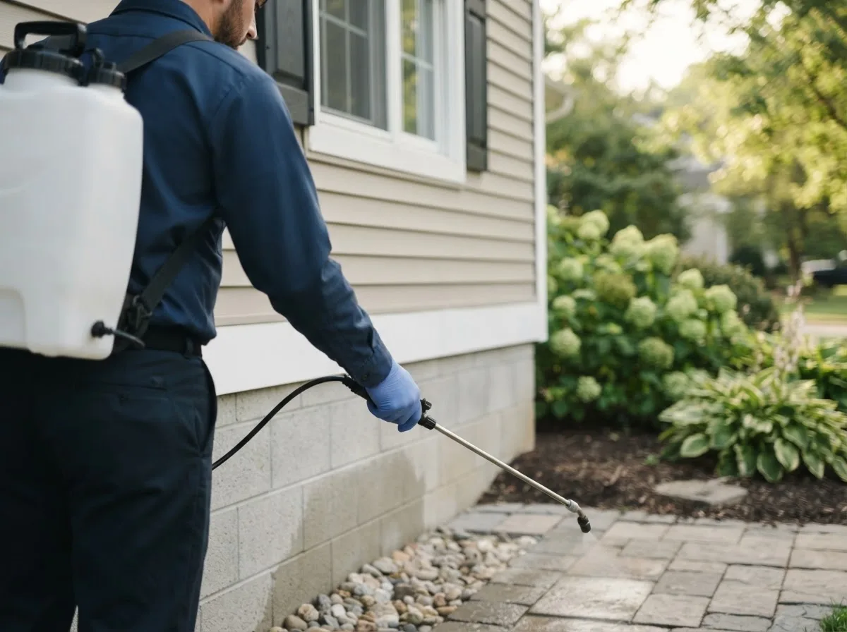 Pest control technician inspecting a home in Hayesville, NC